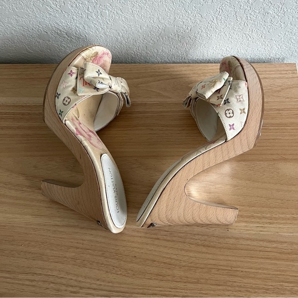 LOUIS VUITTON sz 38 8 White Multicolor Satin Wooden Heels Murakami - Picture 13 of 14